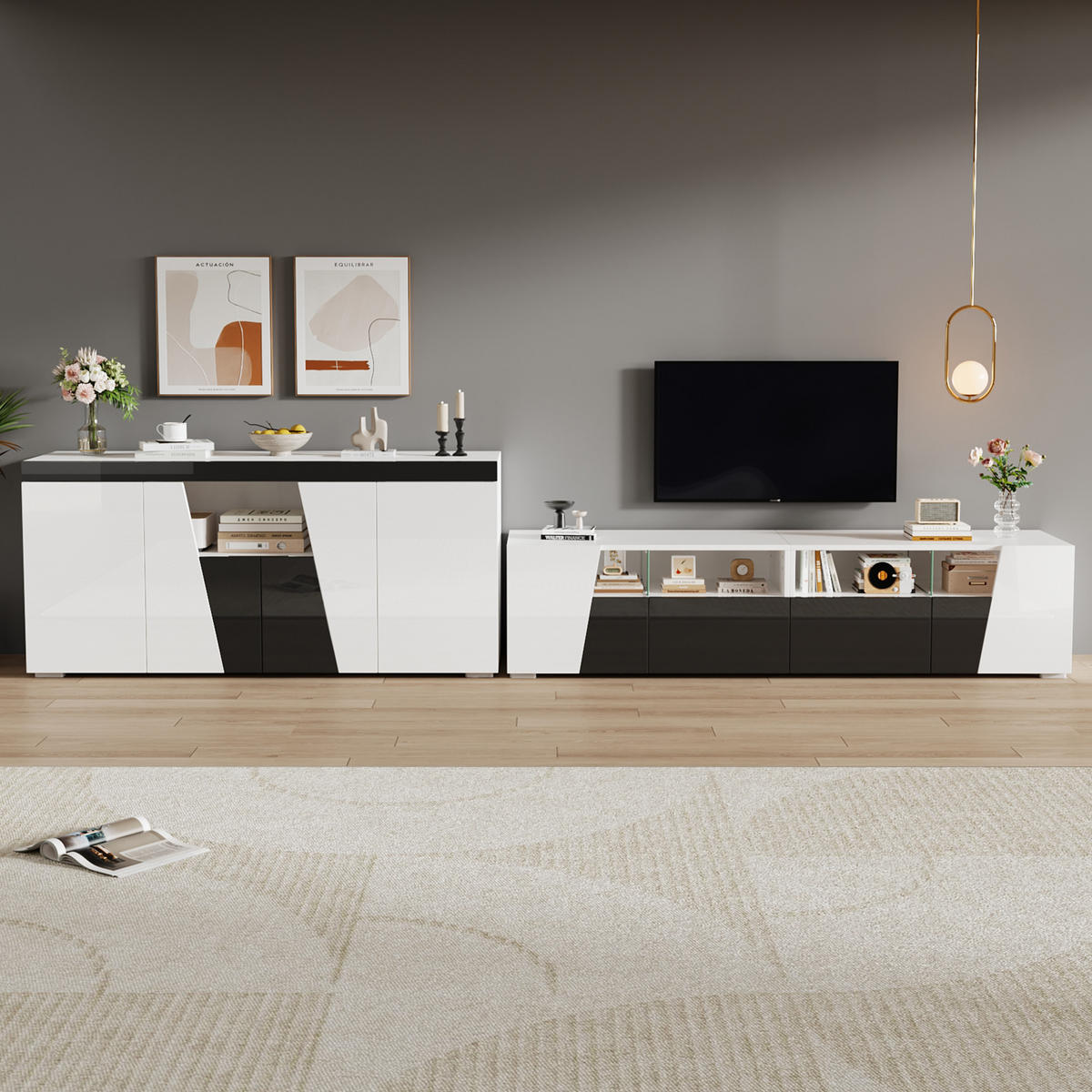 TV-SCHRANKSET 180cm Schwarz Weiß Hochglanz LED MDF - Weiß, Holzwerkstoff (180/45/38.5cm) - FLIEKS