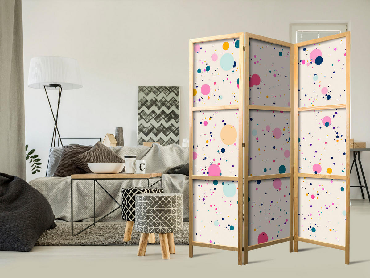 PARAVENT Japanischer 3-tlg 135x172 cm Buntes Punktemuster - Multicolor, Holz/Textil (135/172/3cm) - Muralo