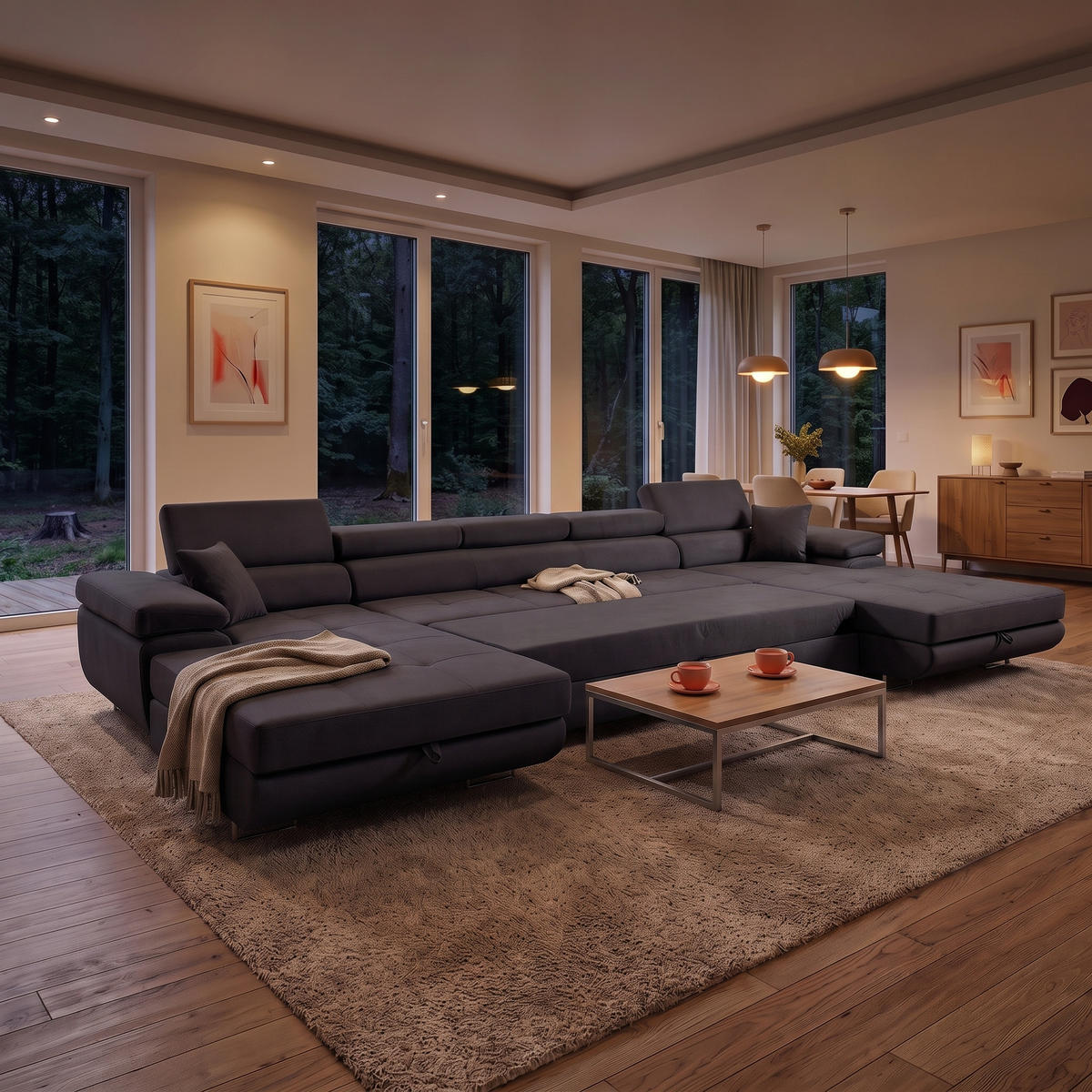 ECKSOFA U-Form ALONZO MAXI U mit Schlaffunktion 125x318 Velours Schwarz - Silberfarben/Schwarz, Holz/Textil (400/90/203cm) - Muffo