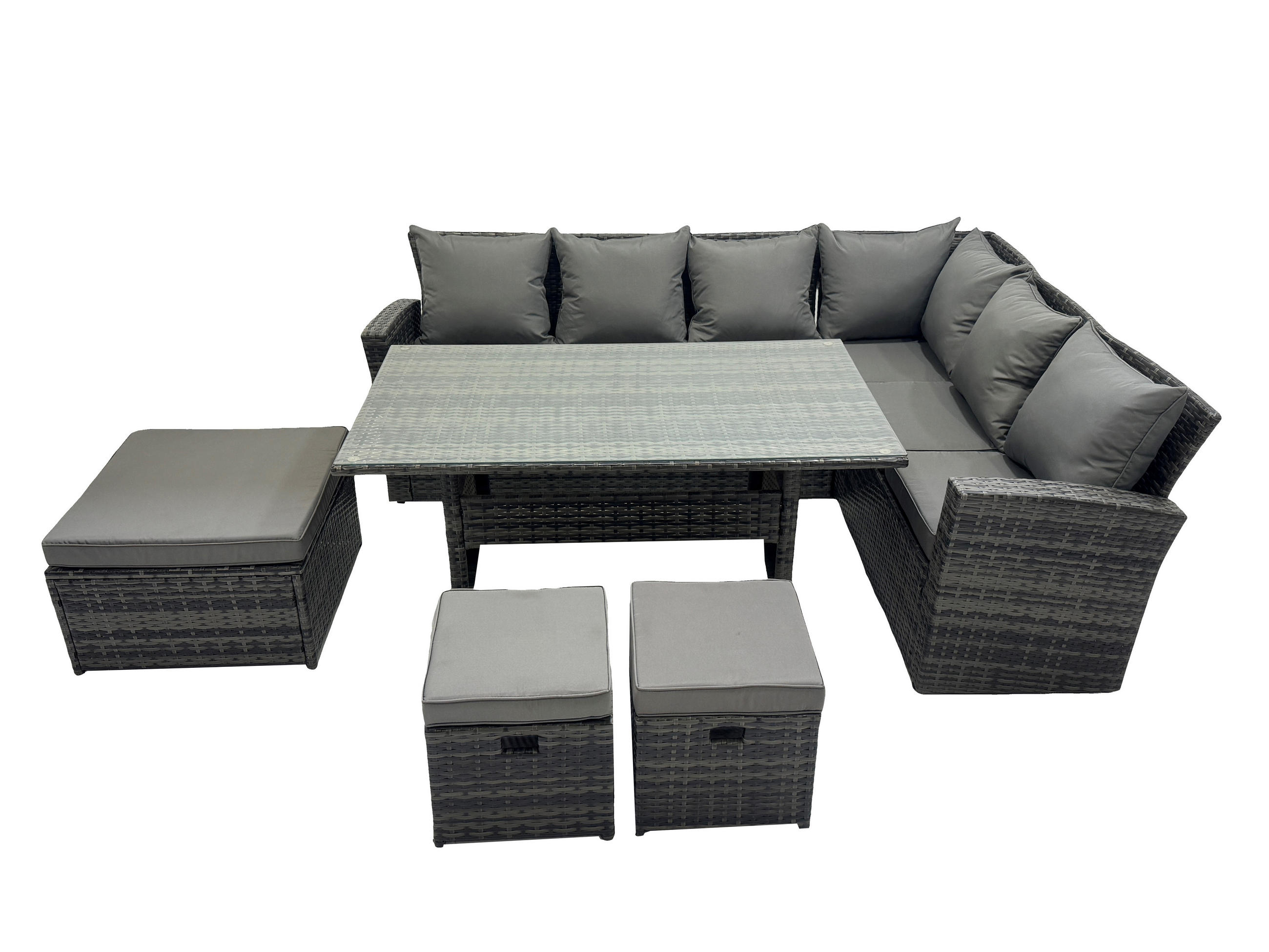 LOUNGEGARNITUR mit Esstisch Sofa Polyrattan Dunkelgrau 9-Sitzer - Dunkelgrau/Grau, Glas/Kunststoff - Fimous