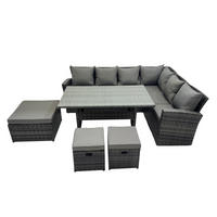 LOUNGEGARNITUR mit Esstisch Sofa Polyrattan Dunkelgrau 9-Sitzer - Dunkelgrau/Grau, Glas/Kunststoff - Fimous