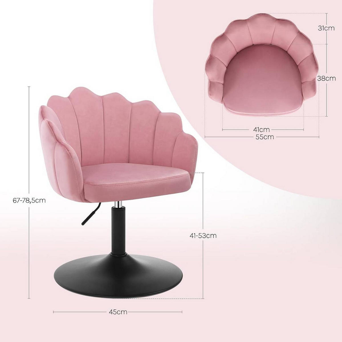 DREHSTUHL, Blumenform, Smt, Schminkstuhl, Rosa - Schwarz/Rosa, Textil/Metall (55/67/50cm) - Woltu