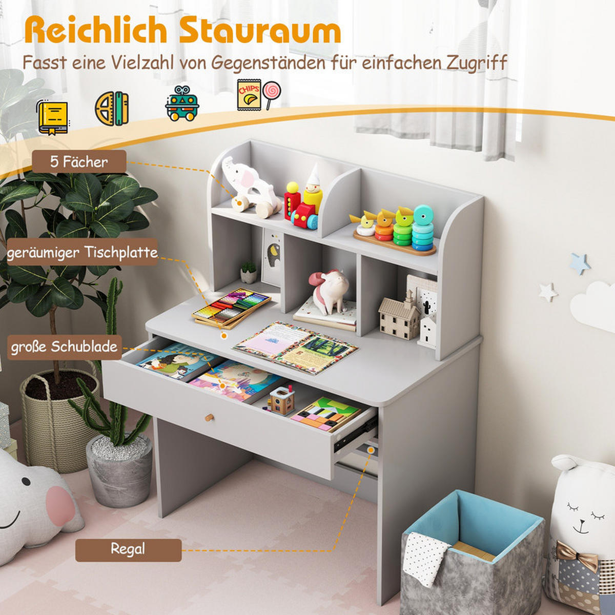 KINDERSCHREIBTISCH aus Holz grau - Grau, Holzwerkstoff (80/102/48cm) - COSTWAY