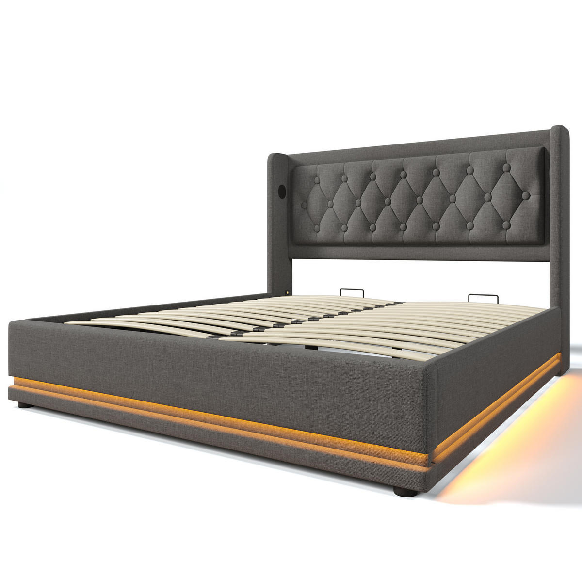 POLSTERBETT 160/200 cm Grau aus Baumwolle mit Stauraum, LED und USB - Grau, Textil (160/200cm) - Flora Grace
