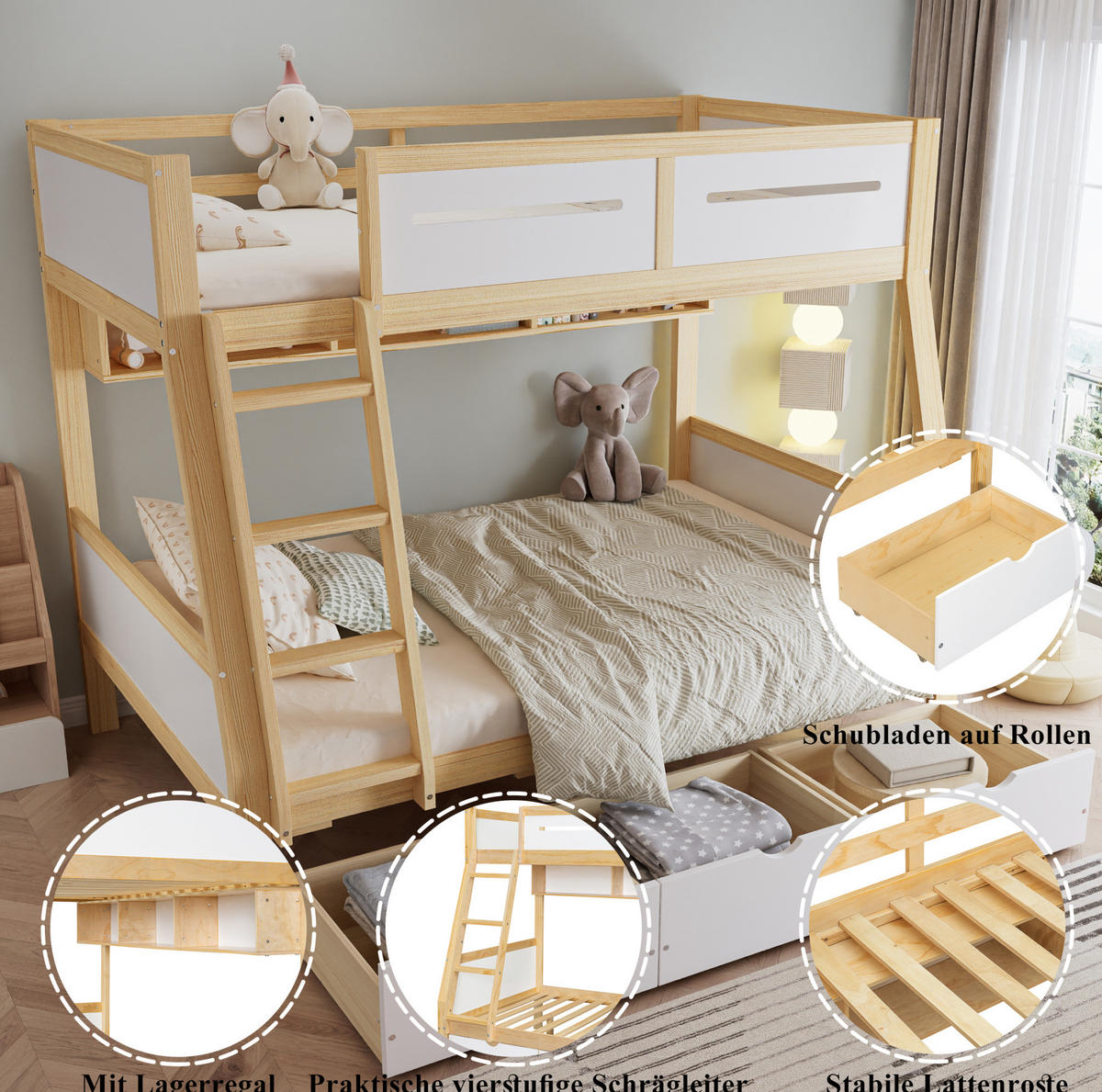 POSCHODOVÁ posteľ 90/200 a 120/200 cm biela/prírodná s úložnými zásuvkami a stojanom na knihy z borovice a MDF - biela, drevo (90/200cm) - OKWISH