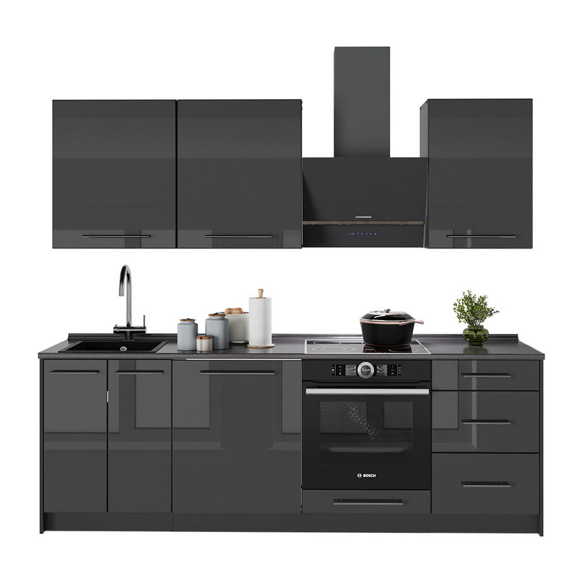 KÜCHENZEILE Fame-Line, Anthrazit Hochglanz/Anthrazit, 230 cm, AP Marmor - Schwarz Hochglanz/Anthrazit, Holzwerkstoff (230/82/60cm) - Vicco