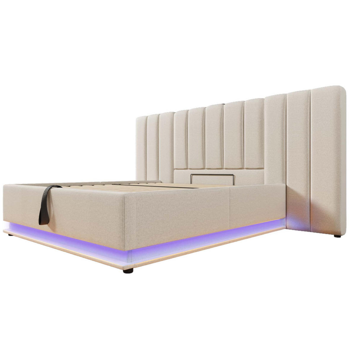 BETT mit Stauraum, LED und Ladefunktion 180x200 cm Leinen Beige - Beige, Metall (180/200cm) - Meubliv