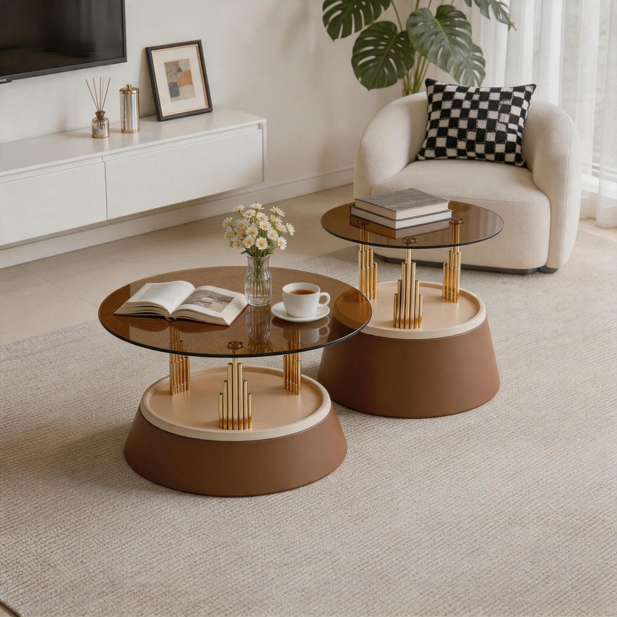 COUCHTISCH-SET DE-37352 2er-Set mit Glasplatte und Nesting-Design Braun - Braun, Metall (70/48/60cm) - ComfortXL