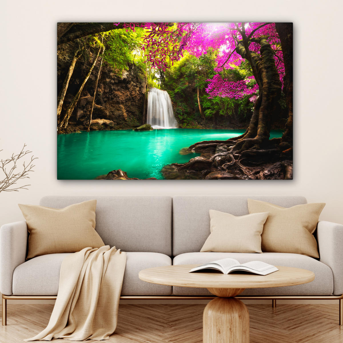 LEINWANDBILD Wasserfall mit bunten Blumen und Bäumen - Natur - Dschungel Wohnzimmer Groß 120x80 cm - Waldgrün, Textil (120/80cm) - MuchoWow