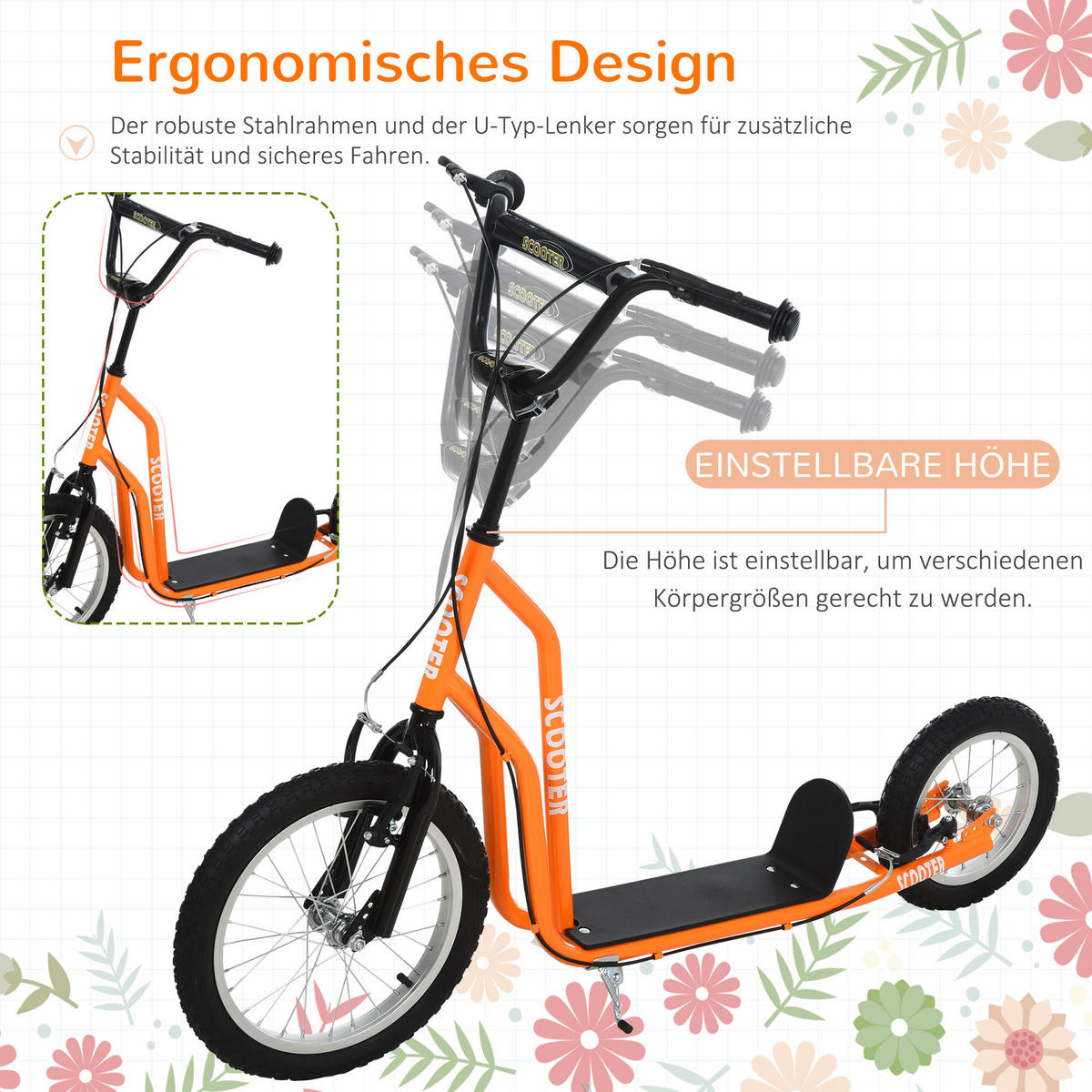 KINDERROLLER ab 5 jahre Scooter Cityroller Kinder Luftreifen verstellbar Orange - Orange, Metall (135/58/88cm) - HOMCOM