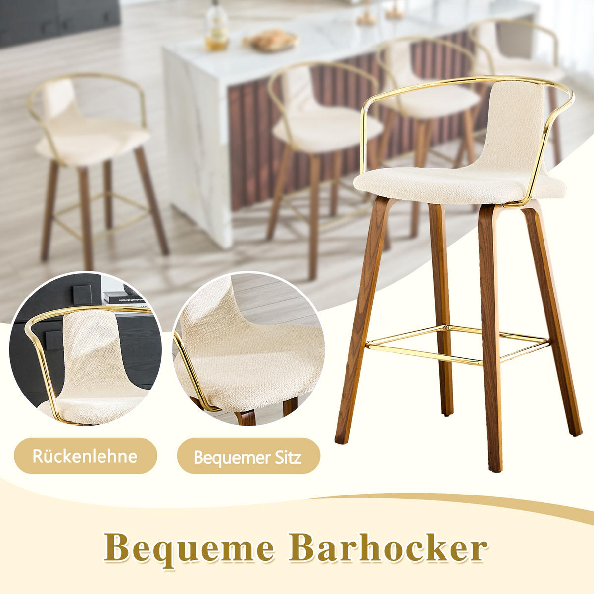 BARHOCKER Weiß 2er-Set mit Armlehne Teddystoff und Holzbeinen - Weiß, Holz (54.7/88/44cm) - PANGIVO