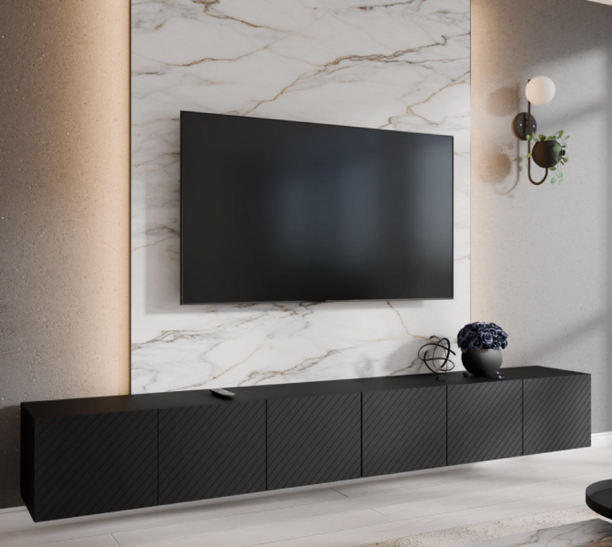 TV-SCHRANK Schwarz NIKOL Gefräste Fronten Geschlossen 300 cm - Schwarz, Holzwerkstoff (300/41/40cm) - Sepro Meble