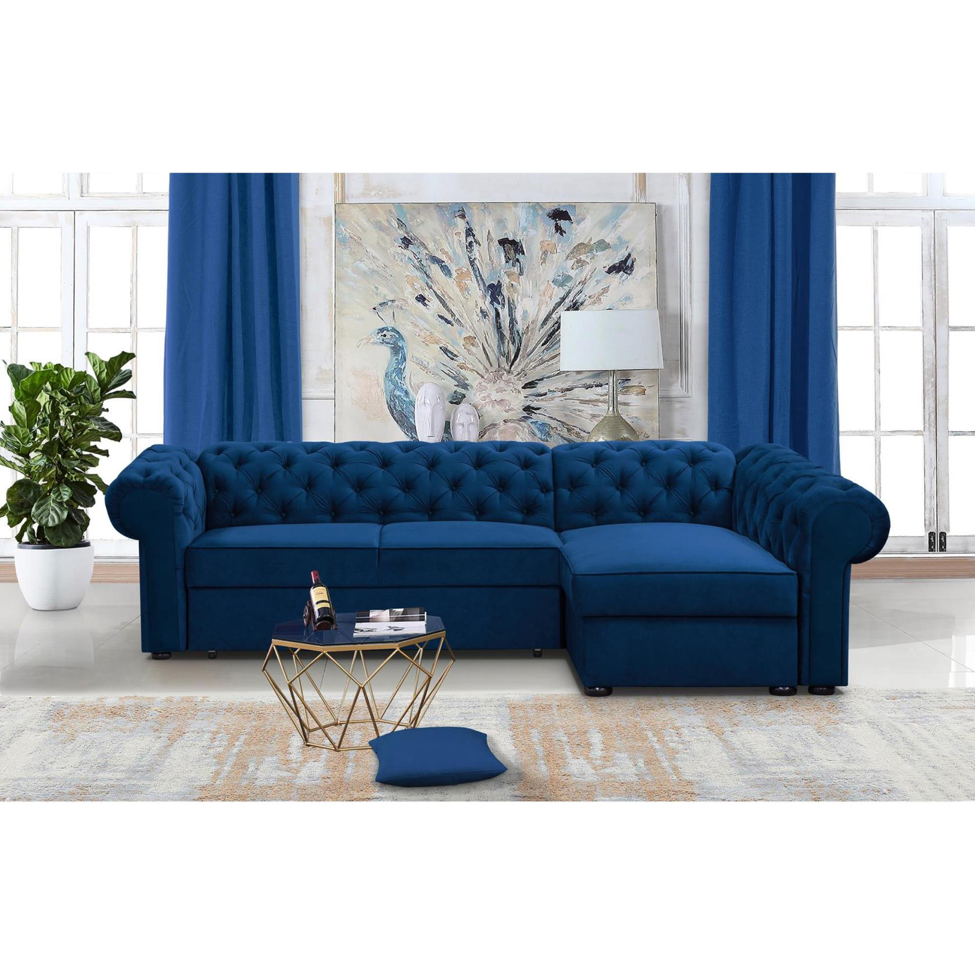 ECKSCHLAFSOFA Chester im Chesterfield-Stil, Dunkelblau, rechts - Schwarz/Dunkelblau, Textil (278/173cm) - Beautysofa