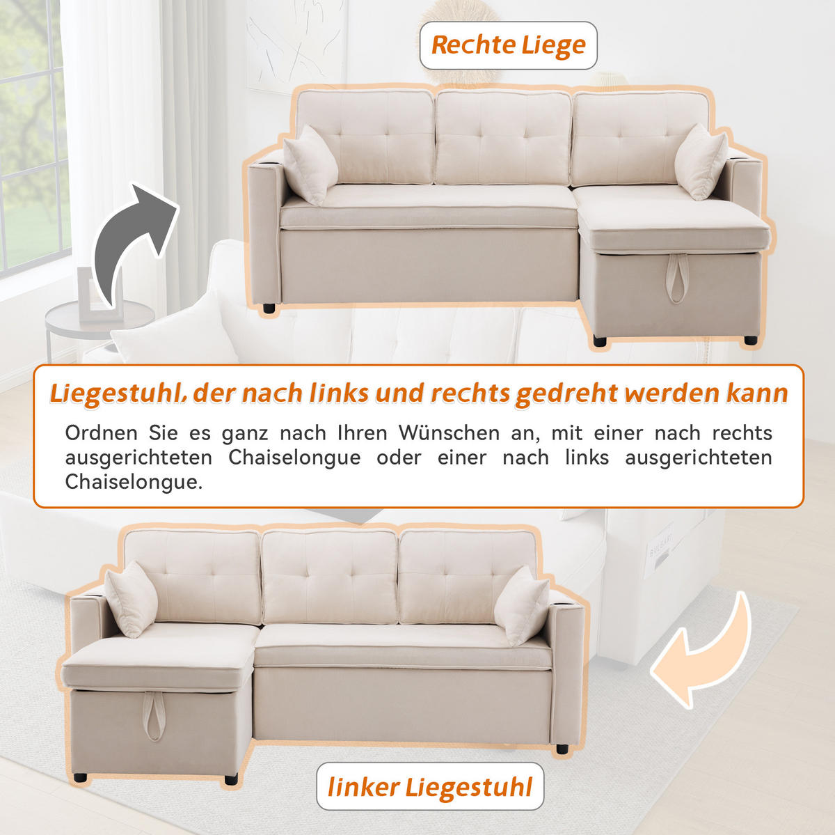 SCHLAFSOFA aus Baumwoll-Leinen mit Stauraum & Getränkehaltern, 211/130/86 cm, Beige - Beige, Textil (130/86/211cm) - Redom