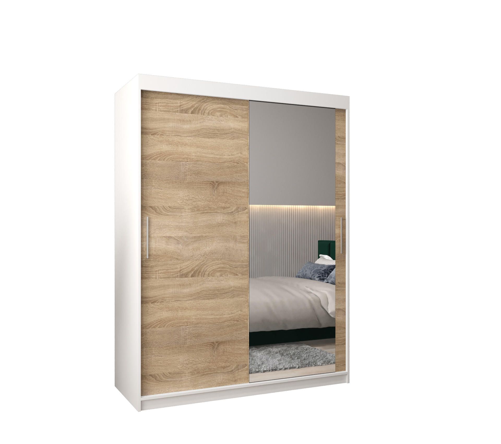 Abiks Möbel SCHWEBETÜRENSCHRANK Weiß, Sonoma Eiche 150cm × 62cm × 200cm