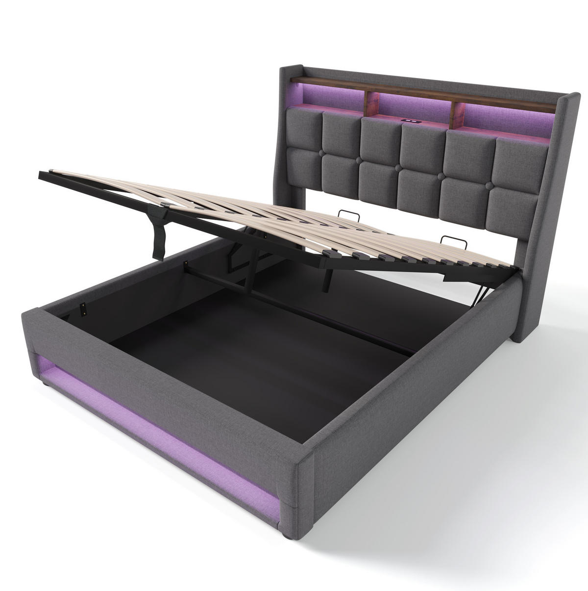 POLSTERBETT aus Leinen 160x200 cm Grau mit LED-Beleuchtung, USB-Anschluss und Stauraum - Grau, Textil (160/200cm) - IVMEU