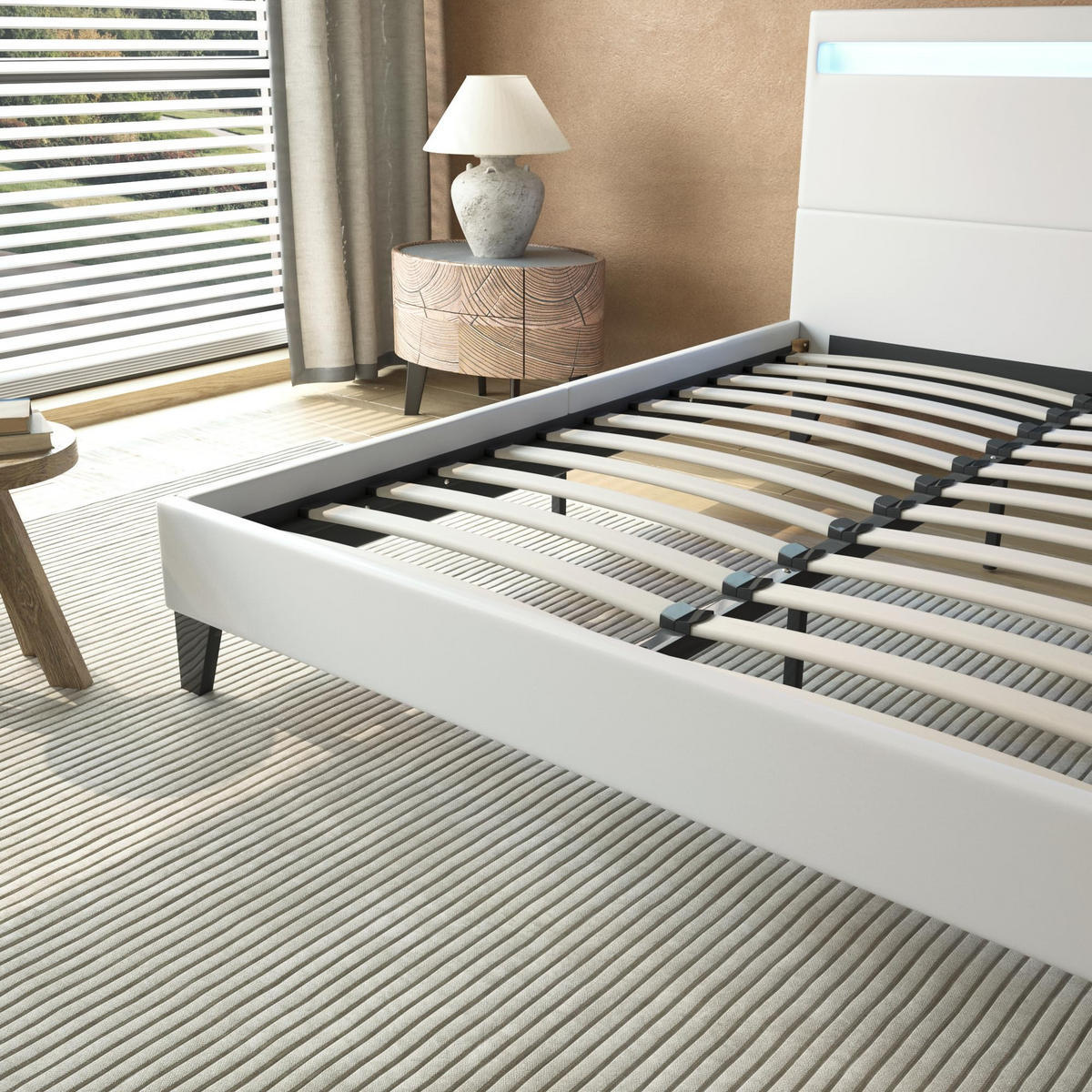 BETT 160x200 cm mit Kopfteil aus weißem Kunstleder - Weiß, Naturmaterialien (160/200cm) - November Sleep