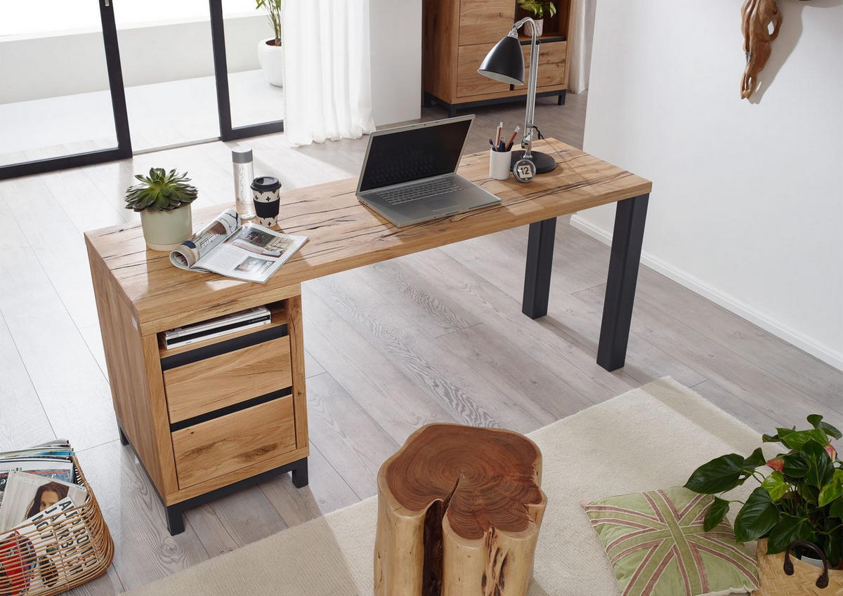 SCHREIBTISCH Wildeiche 220x55x76 natur geölt VILLANDERS #142 - Braun, Holz (55/220/76cm) - Massivmoebel24