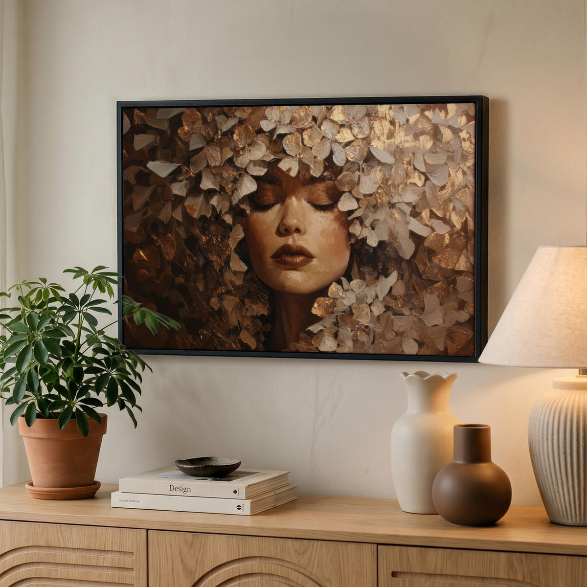 LEINWAND Bilder mit Rahmen - Gesicht - Dame - Blätter - Pinselstriche - 60x40 - Goldfarben, Textil (60/40cm) - MuchoWow