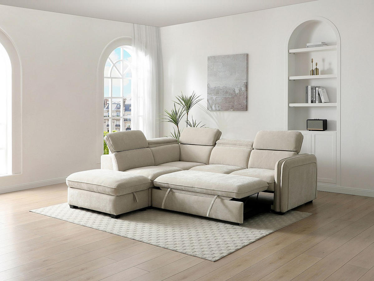 ECKSOFA mit Schlaffunktion und Hocker - Stoff - Beige - BALOTIA - Beige, Textil (255/230cm) - Vente-Unique