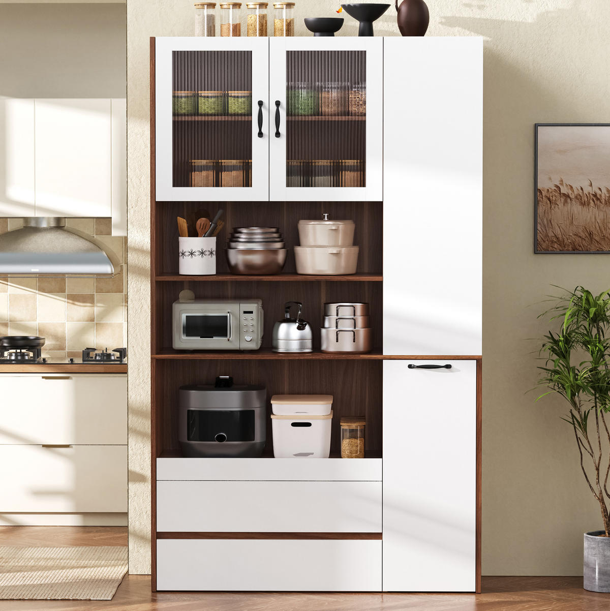 HIGHBOARD 100/40/200 cm mit 2 Schubladen und Riffelglas in Weiß/Nussbaum - Weiß, Holzwerkstoff (100/200/40cm) - BEAOK
