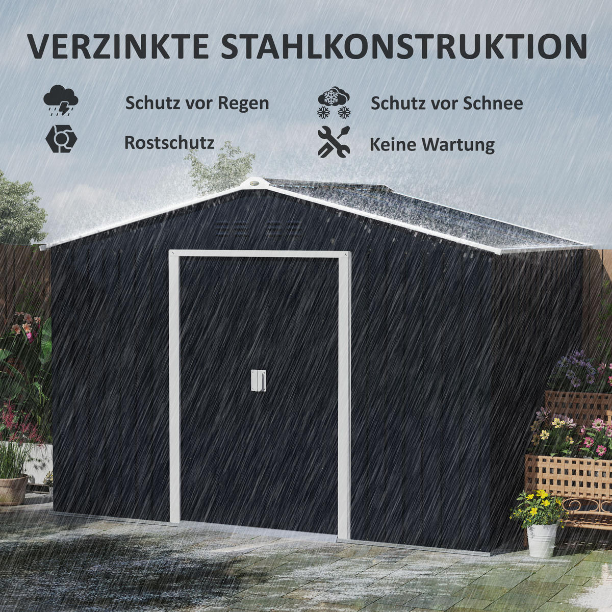 VERZINKTER Stahl Gerätehaus 4,9m² 277x195x192cm Geräteschuppen mit Satteldach - Dunkelgrau, Metall (195/192/277cm) - Outsunny