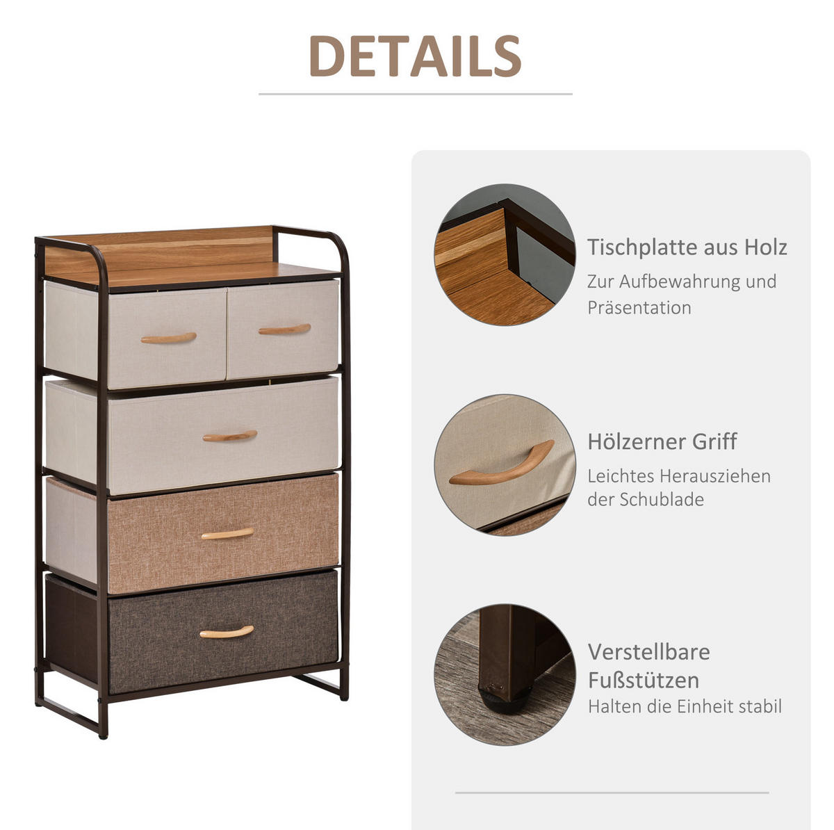 KOMMODE aus Leinen, Stahl und MDF 58x29x99 cm Mehrfarbig mit 5 Stoffschubladen, Kippschutz und verstellbaren Füßen - Weiß, Textil (58/99/29cm) - Modfu
