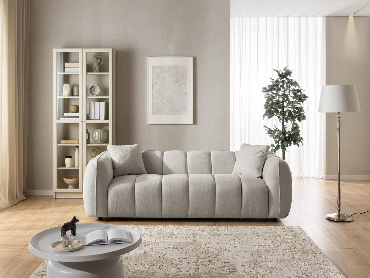 3-SITZER SOFA Nubira in tief gesteppter Bubble-Optik aus weichem Taupe Strukturstoff im modernen Design - Taupe/Schwarz, Holz/Kunststoff (228/69/89cm) - S-Style Möbel