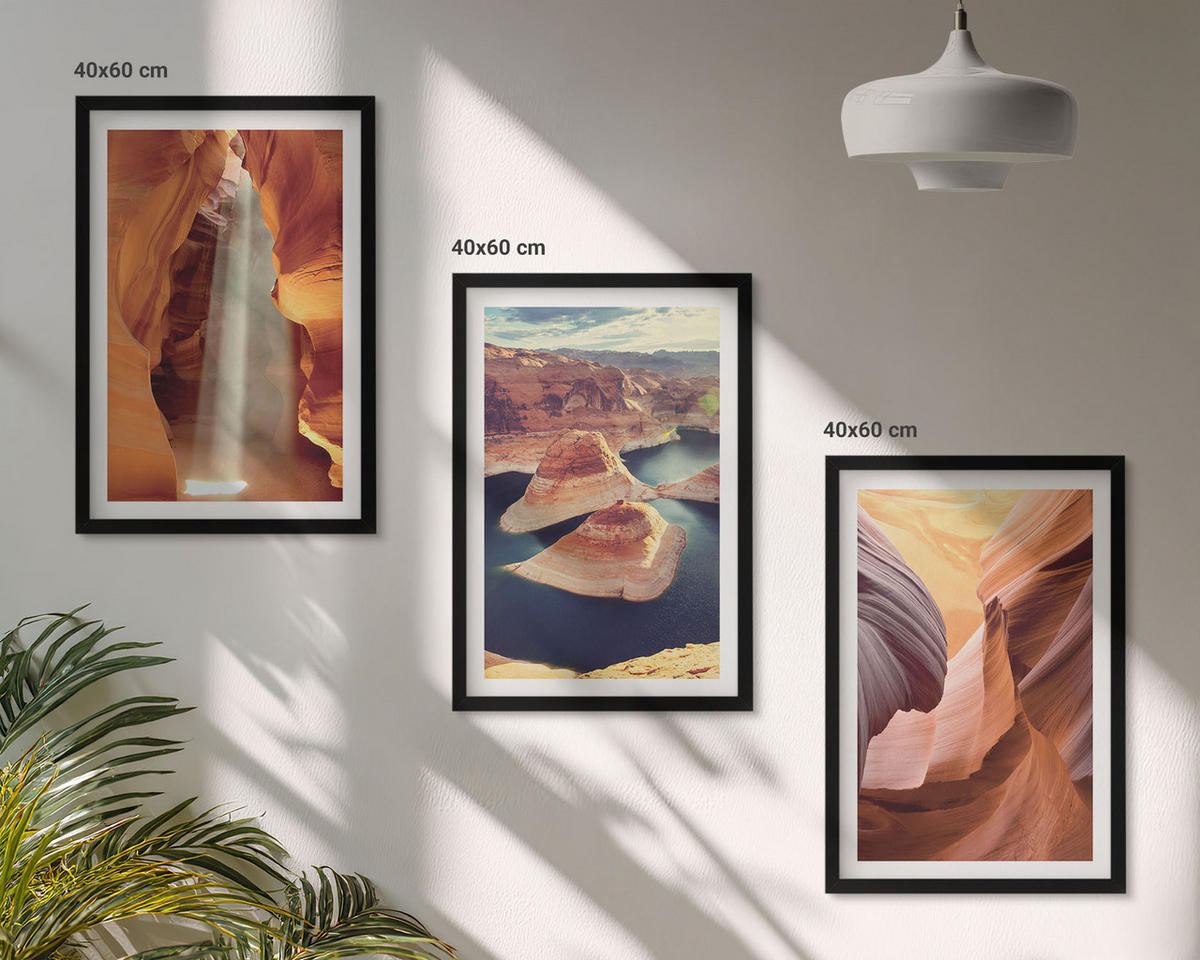 WANDBILDER 3er-Set - 40x60 cm Schwarzer Rahmen - Wasserfall in der Schlucht - Schwarz, Kunststoff (40/60cm) - ArtPrintCave