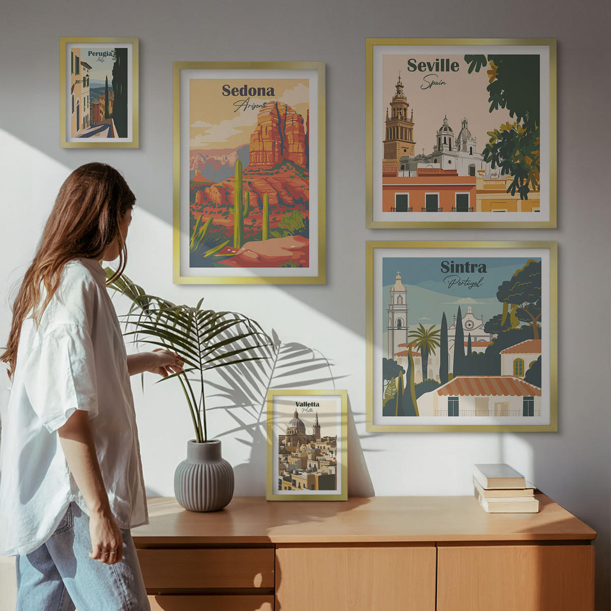 BILDER SET 5er Set - 50x50 cm & 20x30 cm & 40x60 cm Goldrahmen - Illustrationen von Küstenstädten - Goldfarben, Kunststoff (40/60cm) - TULUP
