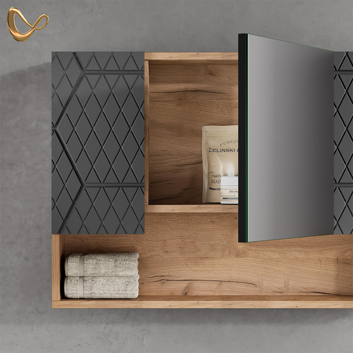 BADSPIEGELSCHRANK Ronco Anthrazit gestreift 80 x 55 cm - Anthrazit/Eiche Wotan, Holzwerkstoff (80/55/17cm) - Livinity®