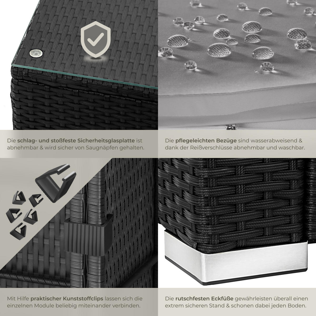 RATTANLOUNGE Milano,mit Sicherheitsglasplatte,schwarz/grau - Schwarz/Grau, Kunststoff - tectake
