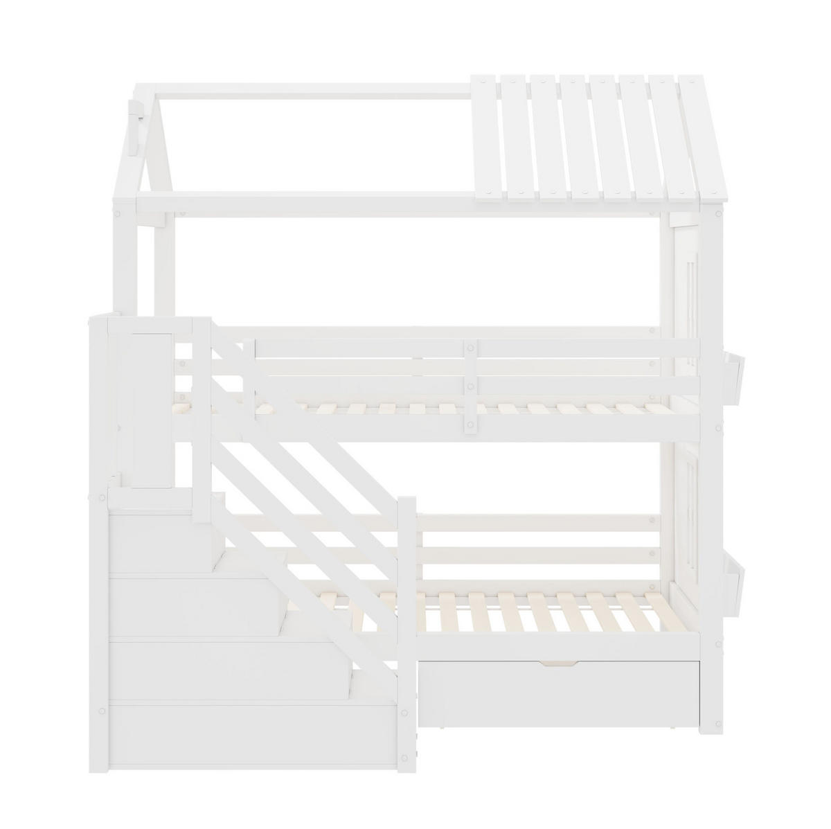 ETAGENBETT aus Kiefer und MDF 90x200 cm Weiß mit Stauraumtreppe, Schubladen und Regalen - Weiß, Holzwerkstoff (90/200cm) - Modfu