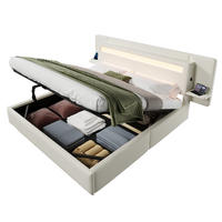 POLSTERBETT aus MDF und Leinen 180x200 cm Beige mit Bettkasten, LED-Beleuchtung, Nachttisch und USB-Anschluss - Beige, Textil (180/200cm) - Modfu