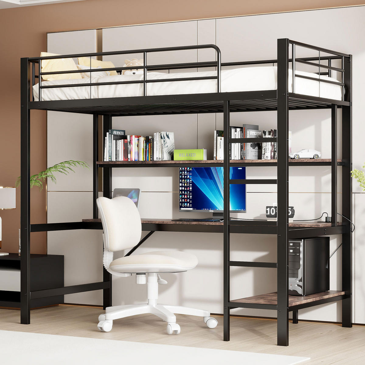 VYSOKÁ posteľ 90/200 cm čierna z kovu a MDF s písacím stolom policami LED osvetlením USB a zásuvkou - čierna, kov (90/200cm) - OKWISH