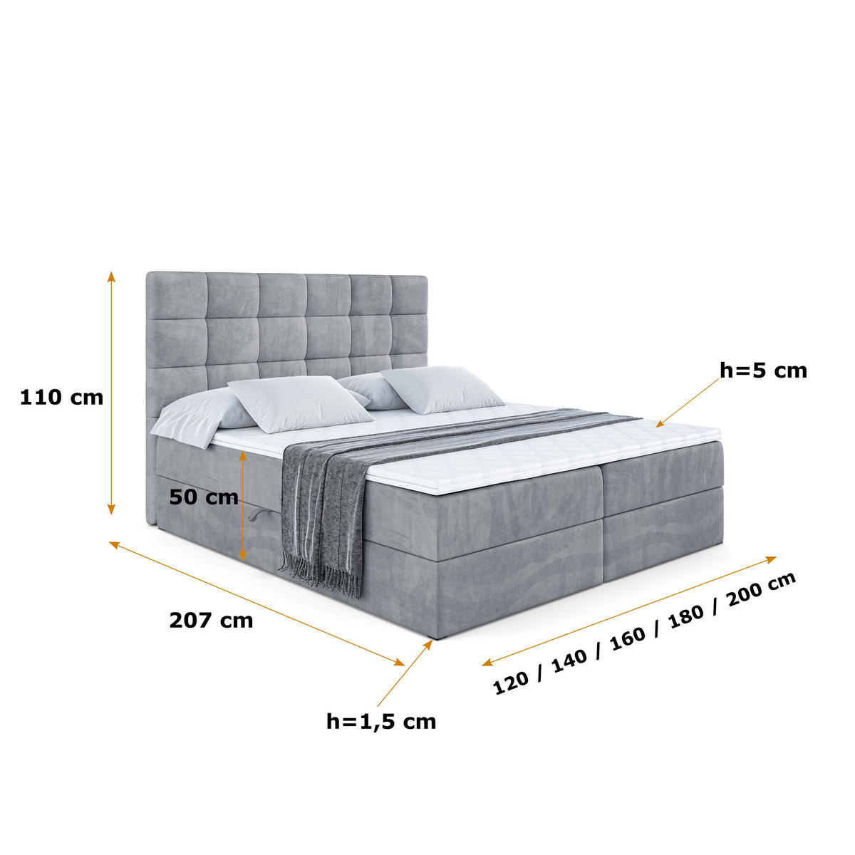 BOXBETT mit H4-Matratze und Lattenrost - BRUGO - 200x200 Grau - Grau, Holzwerkstoff (200/200cm) - ALTDECOR