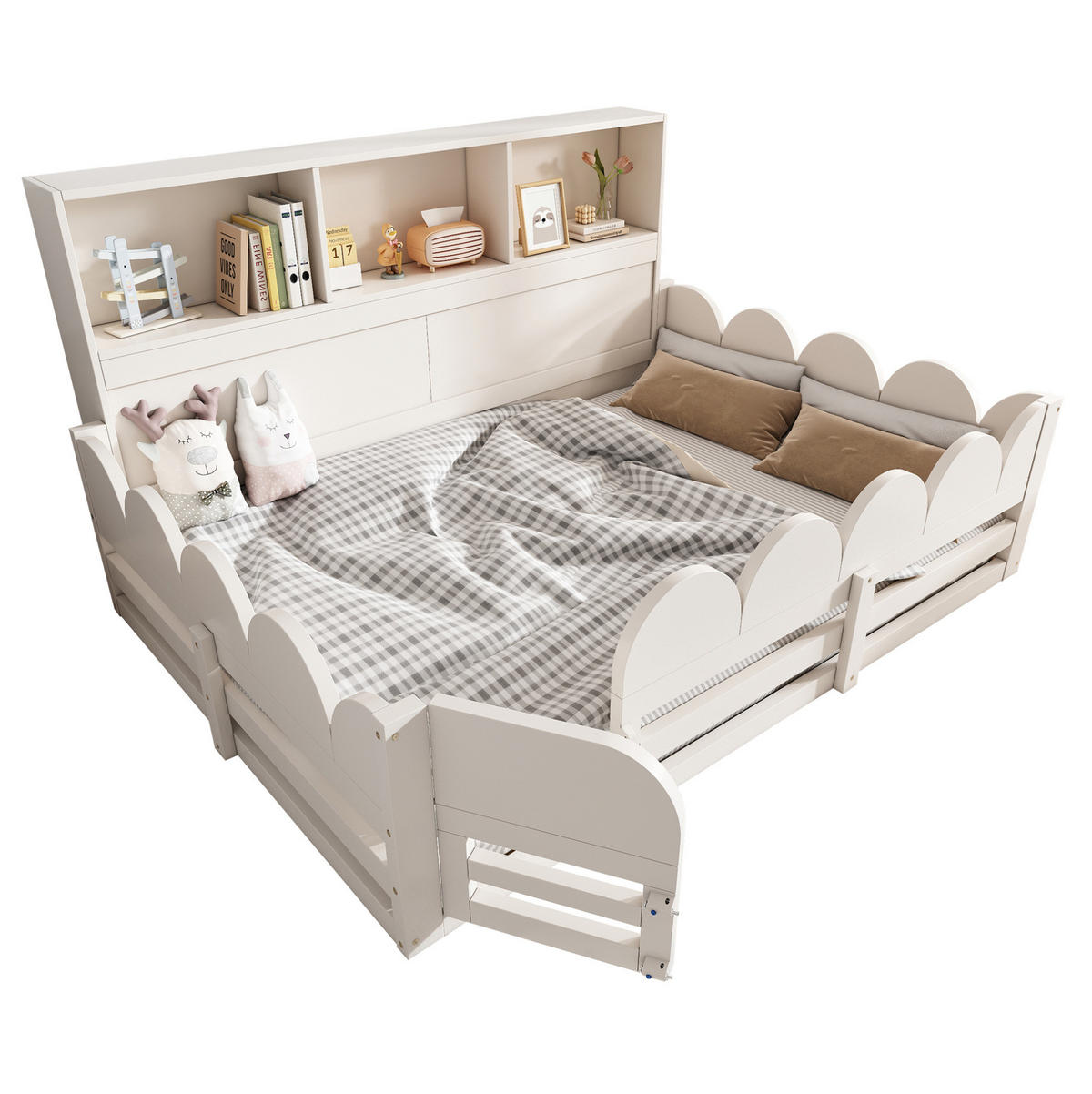 KINDERBODENBETT 140/190 cm aus Holz mit Tür Rausfallschutz und Regal Weiß - Weiß, Holz (90/200cm) - Modenvie
