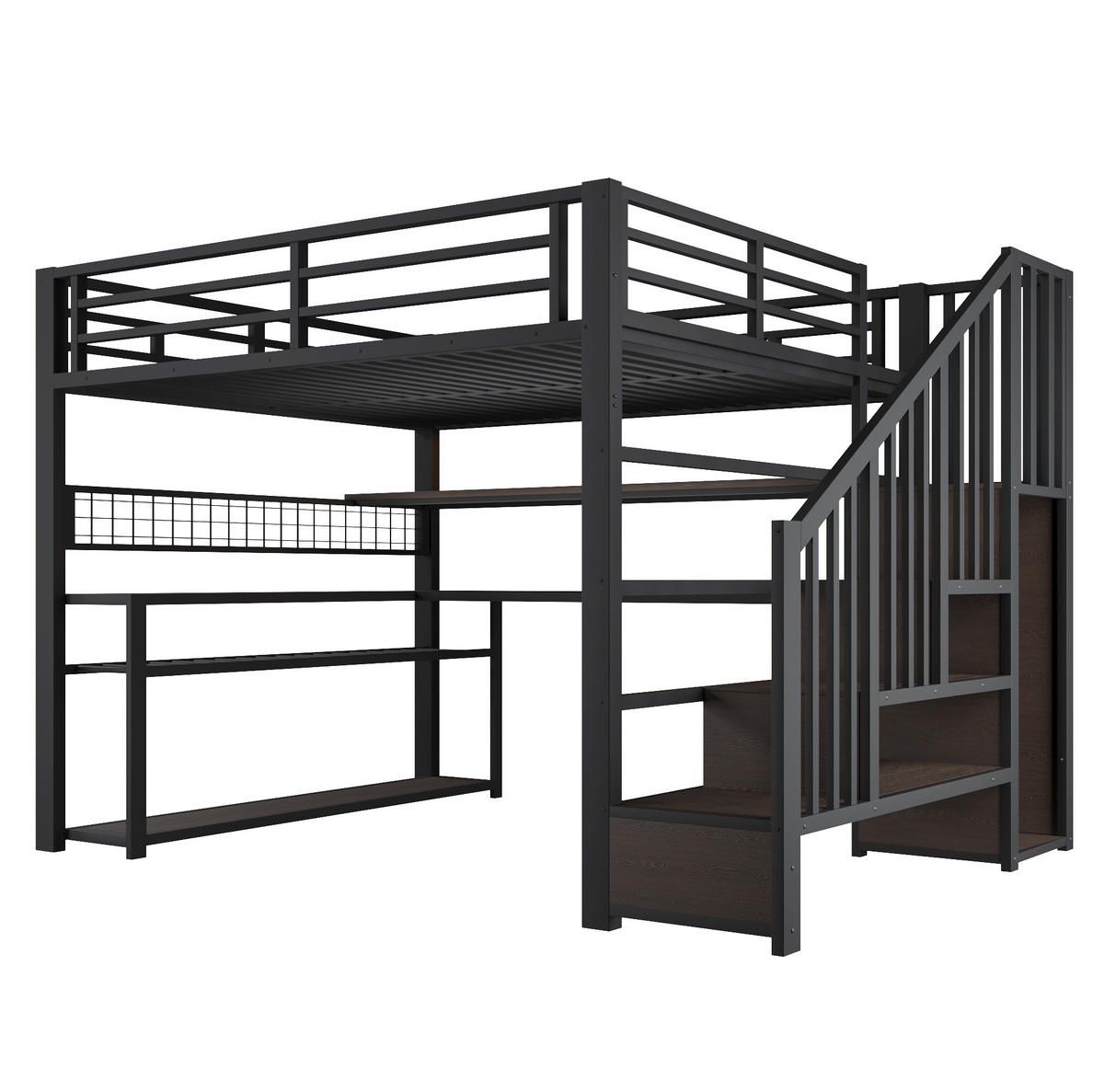 HOCHBETT 140/200 cm mit LED, Schreibtisch, Kleiderschrank und Stauraum - Schwarz, Metall (140/200cm) - MIVRAY
