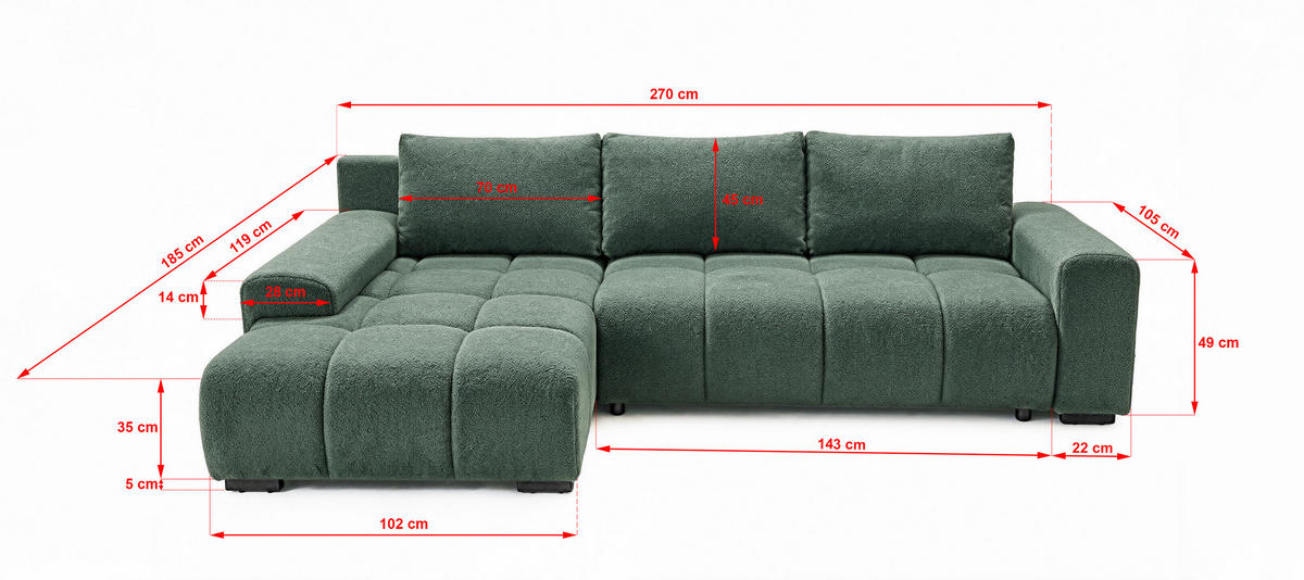 ECKSOFA Ovia mit Bettkasten und Schlaffunktion, Bouclé-Stoff in L-Form - Grün, Textil (270/185cm)