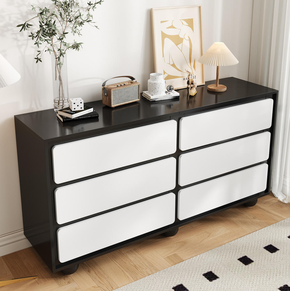 SIDEBOARD 140/38/74,5 cm weiß/schwarz aus Spanplatte mit 6 Schubladen - Weiß, Holzwerkstoff (140/74.5/38cm) - OKWISH