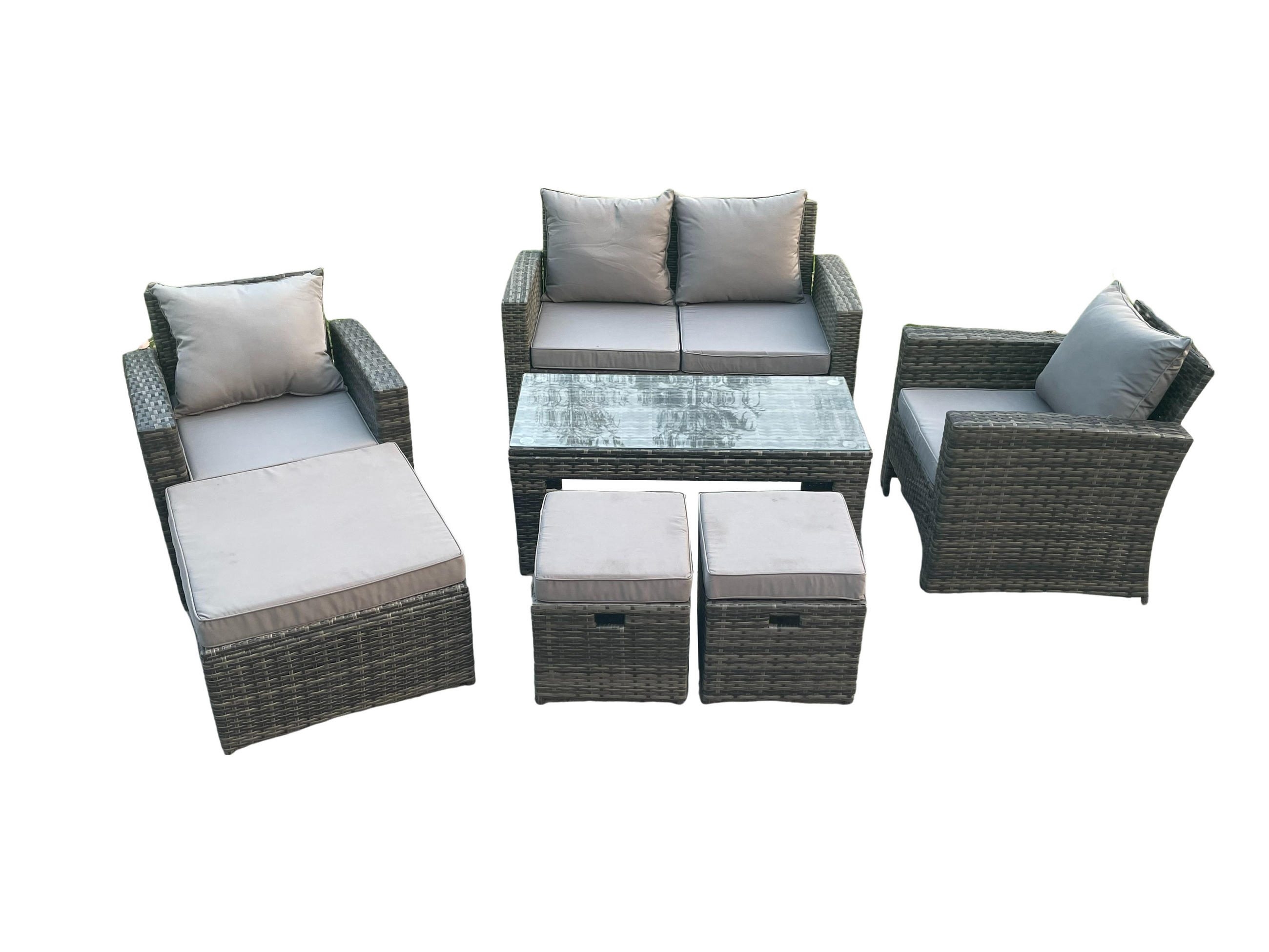 GARTEN SOFA SET mit 3 HOCKER Polyrattan Dunkelgrau 7-Sitzer - Dunkelgrau, Metall - Fimous