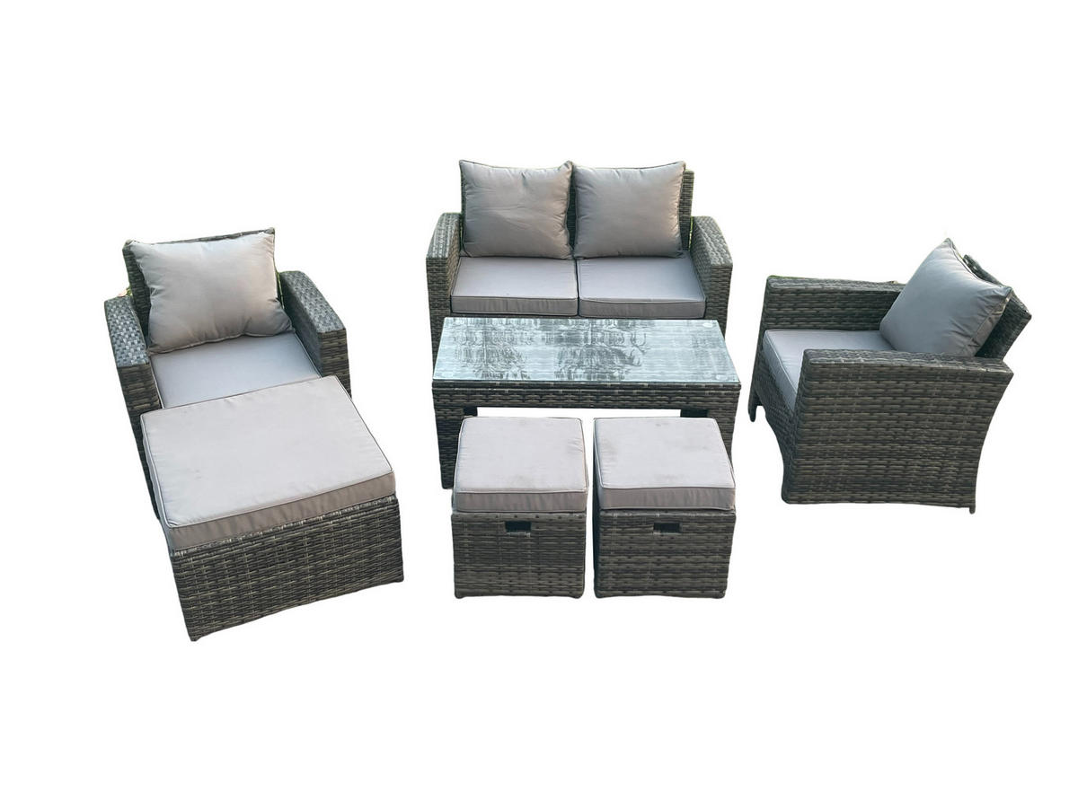 GARTEN SOFA SET mit 3 HOCKER Polyrattan Dunkelgrau 7-Sitzer - Dunkelgrau, Metall - Fimous