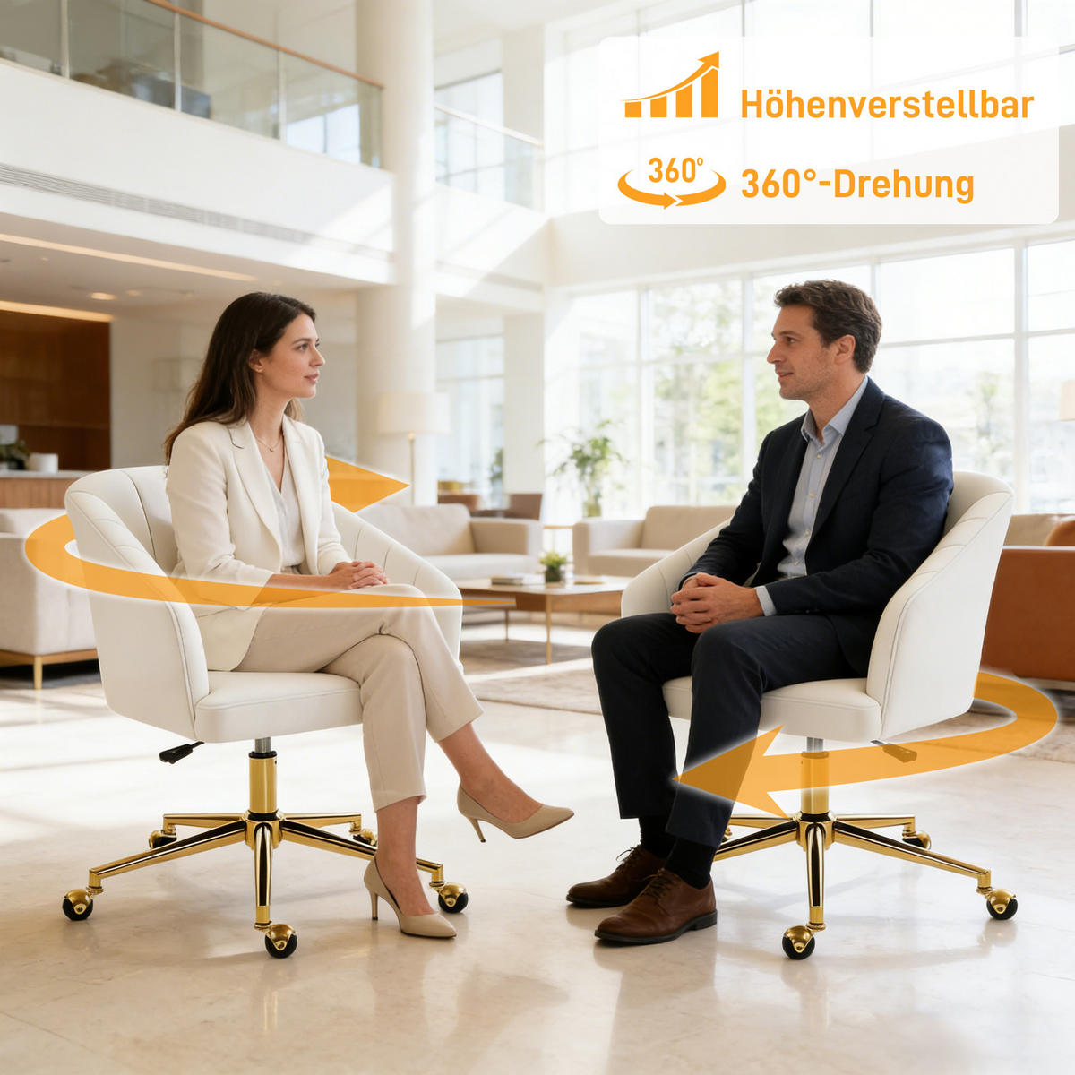 SCHREIBTISCHSTUHL, höhenverstellbarer Bürostuhl mit Samtoptik, Rollen, Drehstuhl - Goldfarben/Creme, Textil/Metall (60/92.5/61cm) - HOMCOM