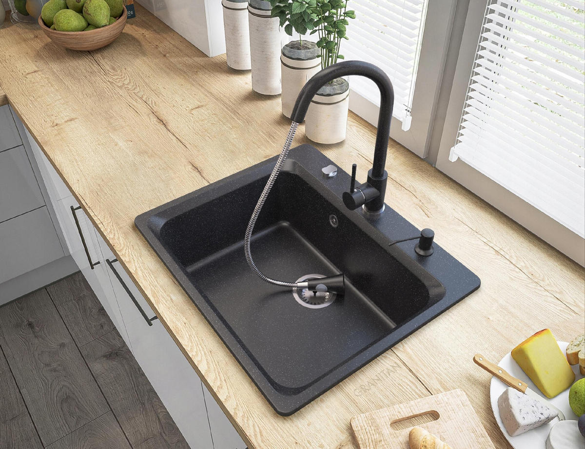 GRANITSPÜLE Zante mit Siphon Batterie - Schwarz, Kunststoff/Stein (62/53/20cm) - Granitan