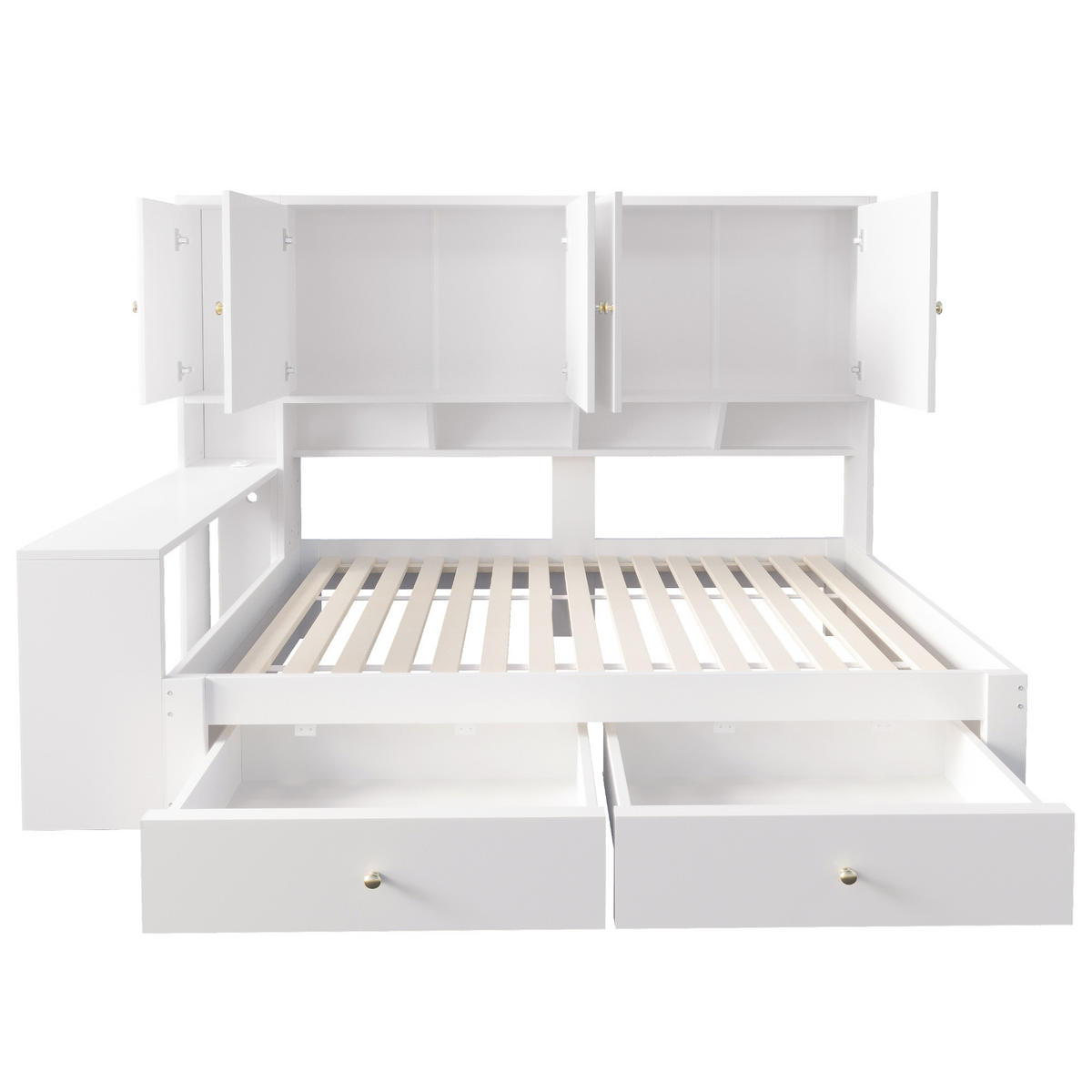 STAURAUMBETT 90/200 cm mit Schreibtisch, LED und Schubladen, DE-41644, in Weiß - Weiß, Holzwerkstoff (90/200cm) - ComfortXL