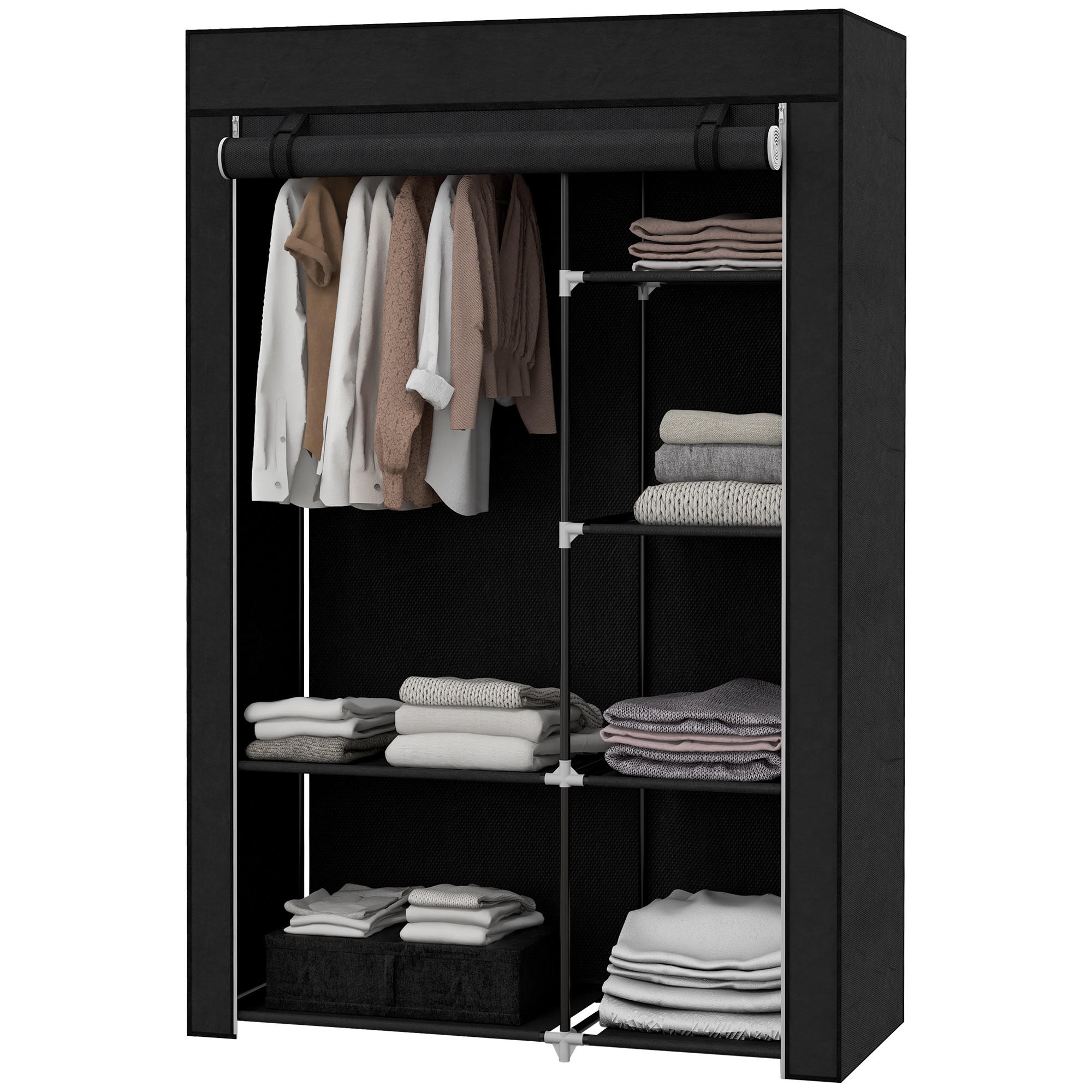 STOFFSCHRANK mit 6 Regalen und 1 Kleiderstange, faltbarer Kleiderschrank als Aufbewahrungslösung, Schwarz - Schwarz, Metall (103/162.5/43cm)