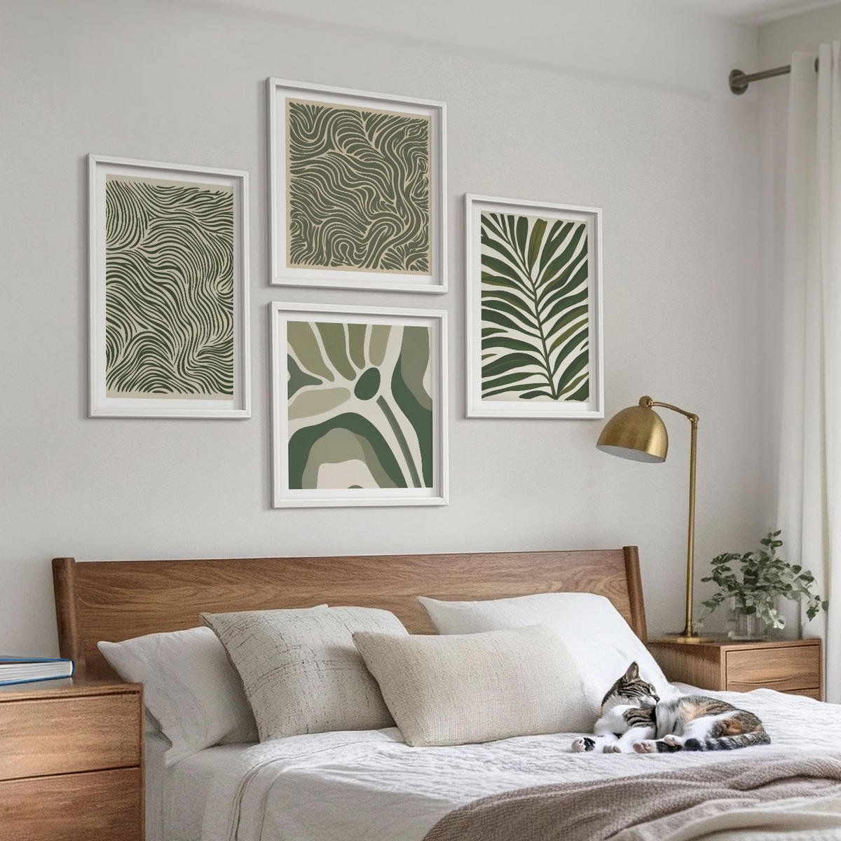 BILDER SET 4er Set - 50x50 cm & 40x60 cm Weißer Rahmen - Blattmuster und wellenförmige Formen - Weiß, Kunststoff (50/50cm) - TULUP