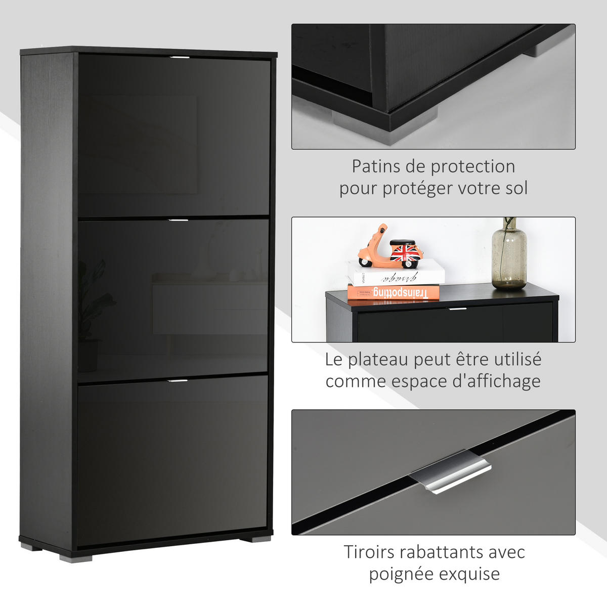 SCHUHSCHRANK DE-14970 3 Klapptüren mit 3 Fächern Schwarz Hochglanz - Schwarz, Holzwerkstoff (60/124/26cm) - ComfortXL