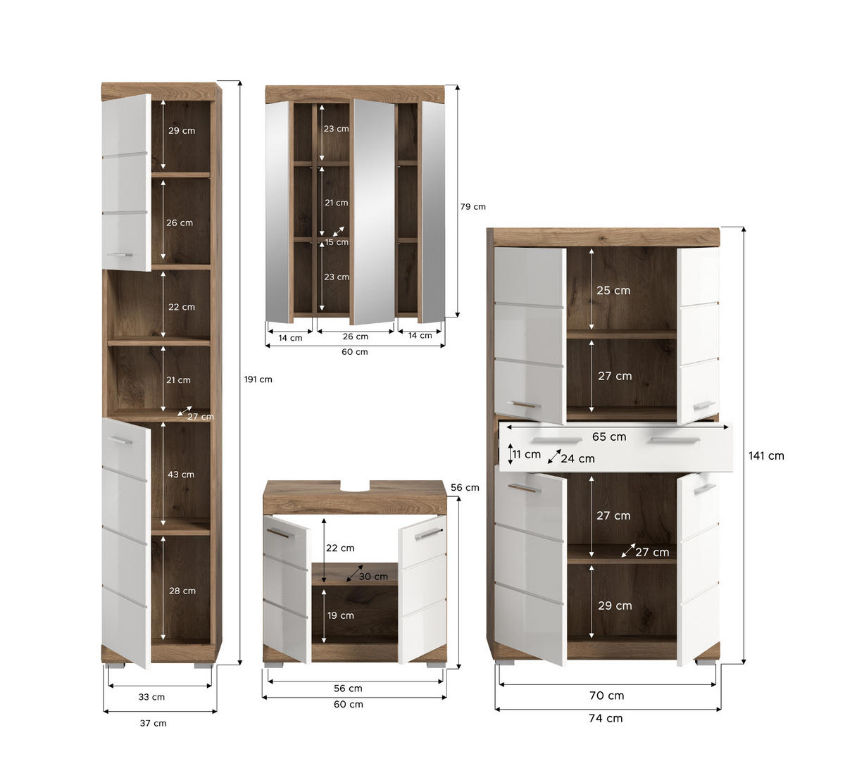 BADMÖBEL-SET weiß Hochglanz, Eiche 4-teilig 200 cm mit viel Stauraum - Weiß Hochglanz/Eichefarben, Glas/Holzwerkstoff (200/191/34cm) - Inn.Furn
