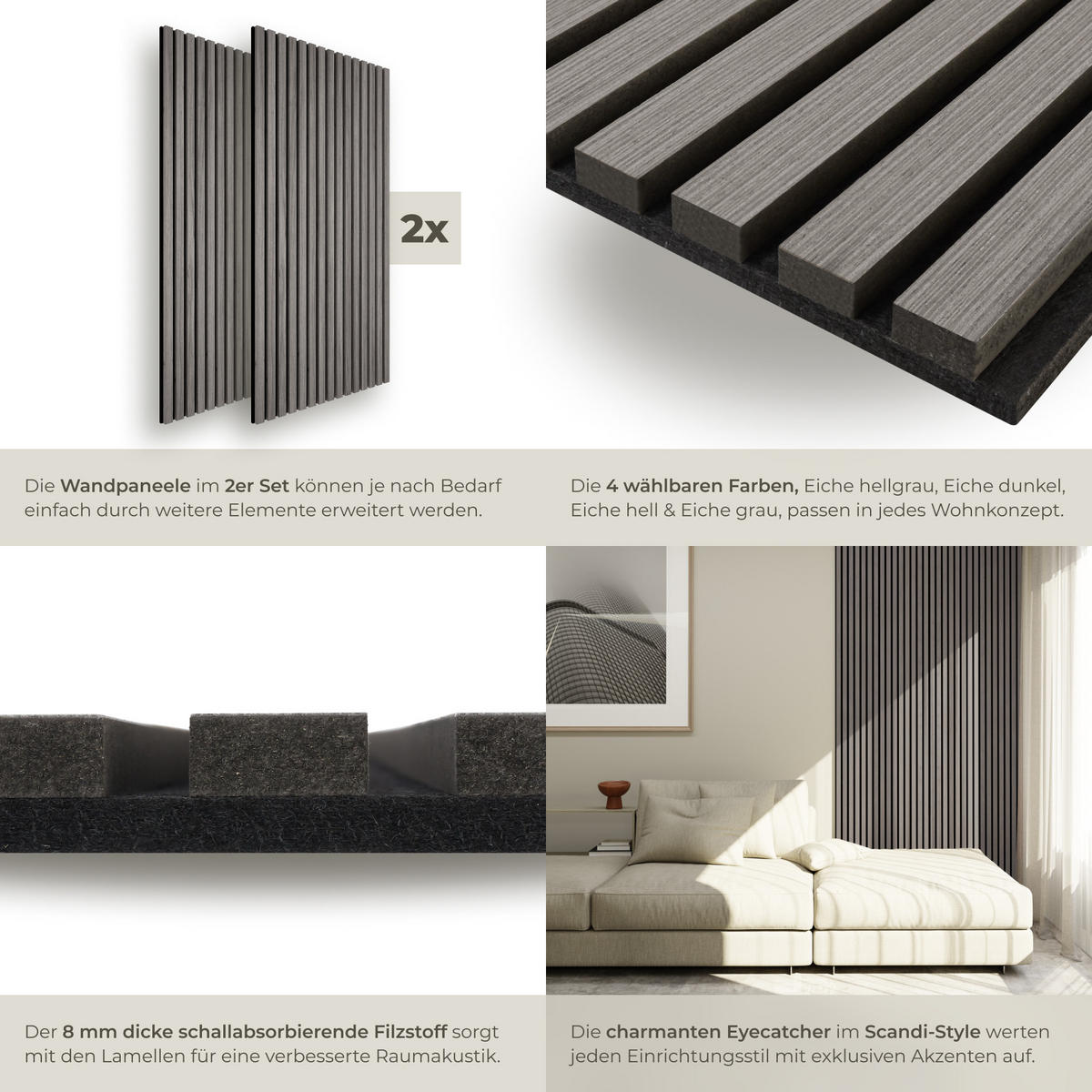 AKUSTIKPANEELE 2er Set Sonic Wall,je 60 x 120 x 2,1 cm, Größe flexibel anpassbar,Eiche hellgrau - Eichefarben/Hellgrau, Holz (60/120/120cm) - tectake